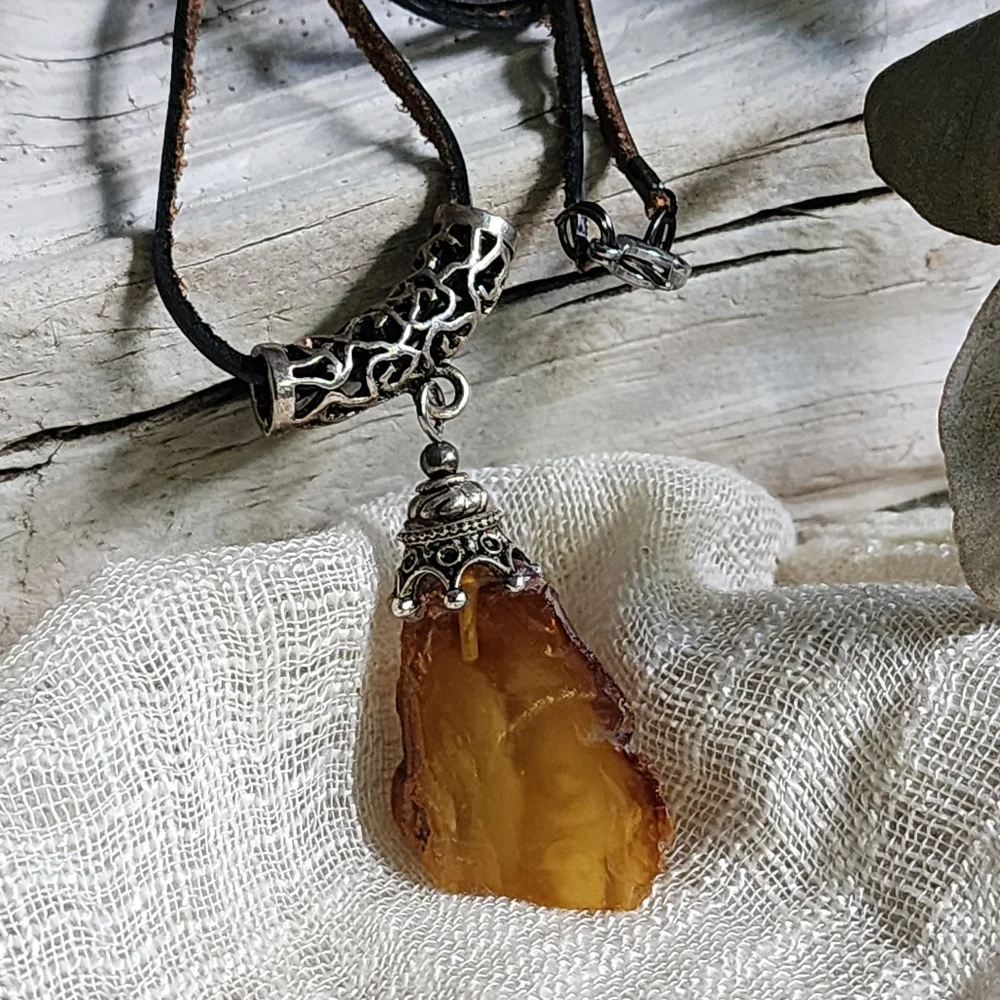 Amber Jewelry Boho Tribal Talisman AMBER NUGGET PENDANT Genuine Leather Cord